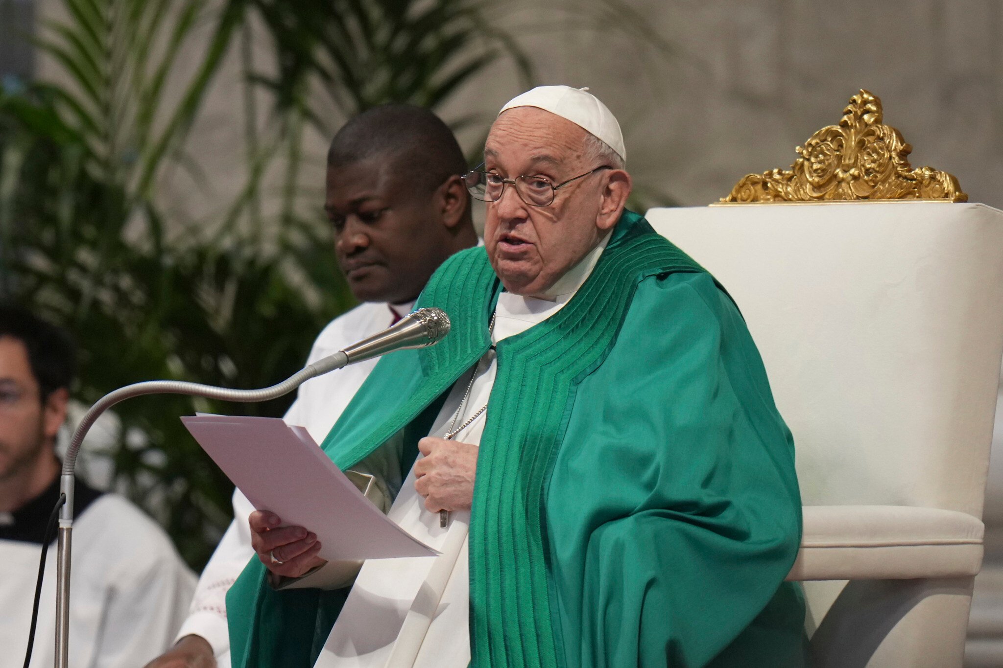 Pope Francis delivers his speech during a mass on the occasion of the World Day of the Poor in St. Peter's Basilica, at the Vatican,