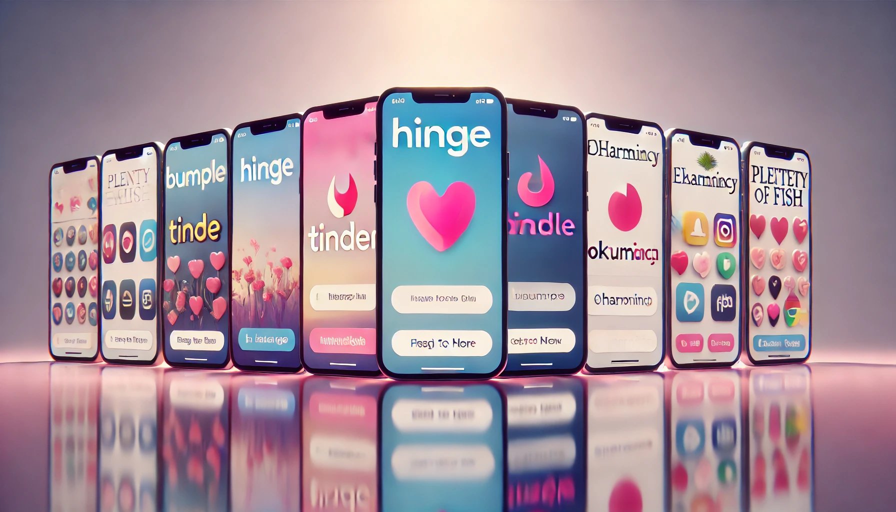 Popular dating apps Hinge, Tinder, Bumble, OkCupid, eHarmony Smartphone screens displaying popular dating apps like Hinge, Tinder, Bumble, OkCupid, eHarmony, and Plenty of Fish, highlighting the best dating apps of 2024 for finding meaningful connections and relationships