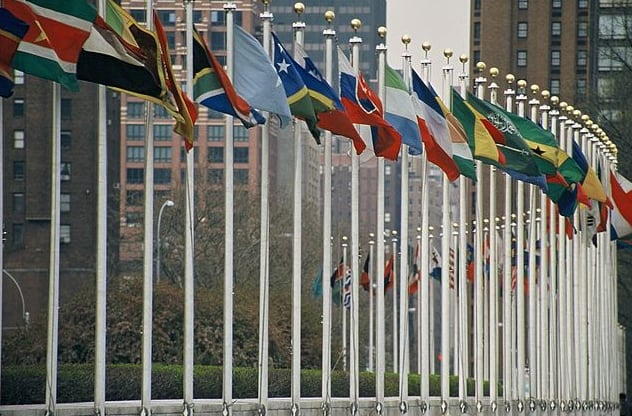Flags of a Multipolar World Outside the United Nations united nations flags, global diplomacy, international relations, multipolar world, civilizational alliances, global south nations, geopolitics, de-westernization, world order, post-western era, emerging powers, BRICS+ alignment, flags of the world, UN headquarters