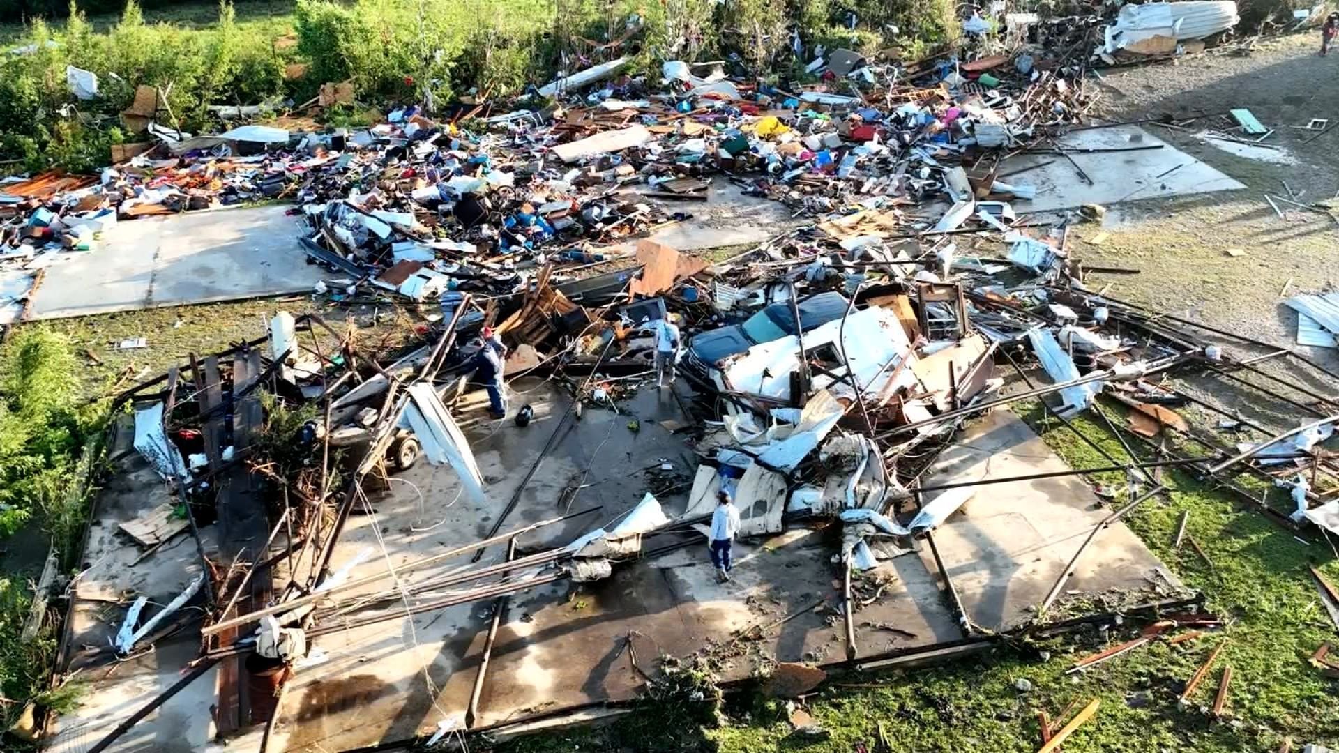 Tornado destruction across Kansas, Texas and Oklahoma during a 2025 outbreak, similar to the storm system that forced Rosie O'Donnell to end her prison visit early