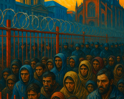 Europe migration crisis, EU asylum system collapse, refugees behind barbed wire, European border control, Gaza displacement, 2025 refugee surge, bright colors illustration