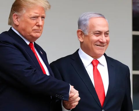 Trump and Netanyahu shake hands during Abraham Accords negotiations amid Gaza genocide