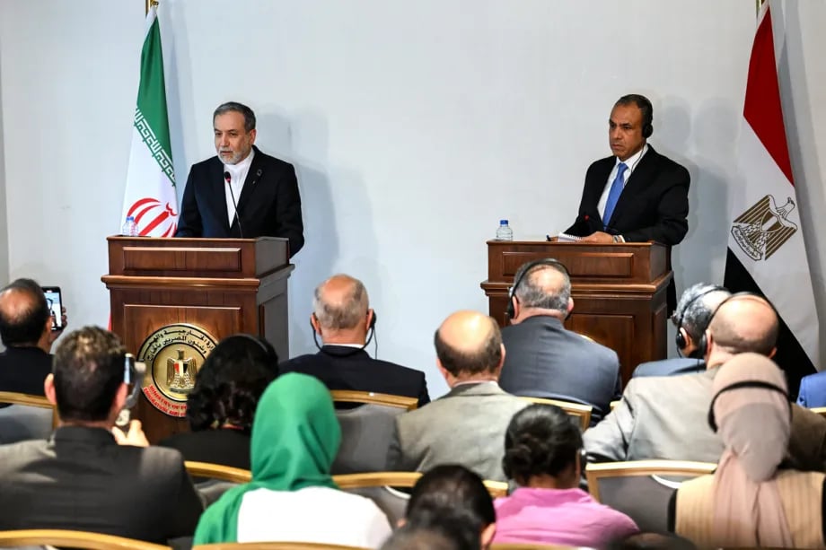 Iran and Egypt foreign ministers at podium in Tehran calling for Israel’s withdrawal from southern Lebanon