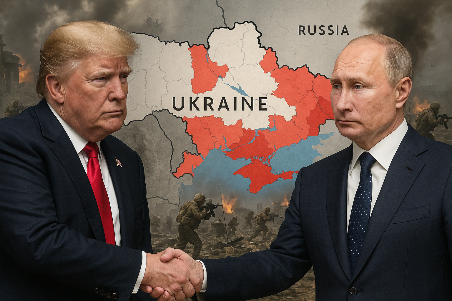 Donald Trump and Vladimir Putin shake hands in front of a Ukraine map highlighting captured areas, with a battlefield scene in the background.