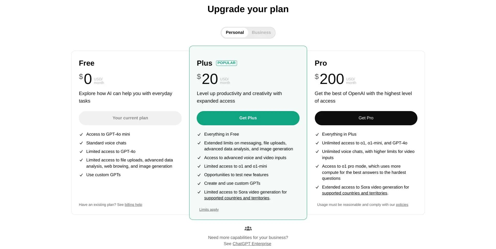 ChatGPT subscription tiers comparison chart ChatGPT free vs Plus vs Pro subscription comparison chart
