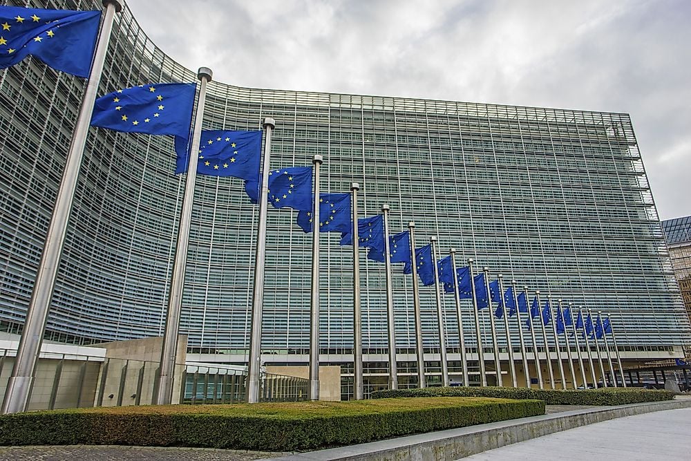 european commission building with eu flags, brussels