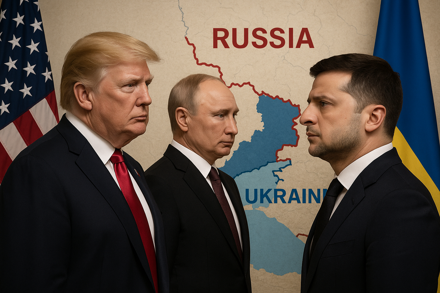 Donald Trump, Vladimir Putin, and Volodymyr Zelensky positioned before Russia-Ukraine border map with national flags ahead of Alaska summit.