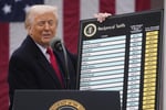 donald trump displaying a tariff list during a press conference at the podium