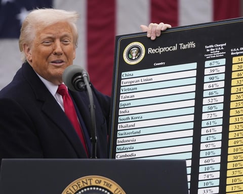 donald trump displaying a tariff list during a press conference at the podium
