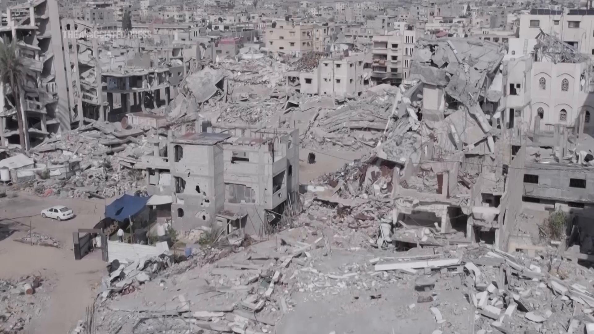 Drone footage of Gaza’s Khan Younis showing destruction from Israeli attacks supported by the US