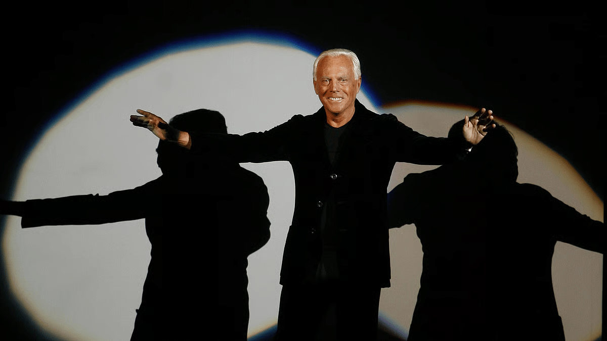 Giorgio Armani signage in Milan as the will sets a sale or IPO path naming LVMH, L’Oréal and EssilorLuxottica