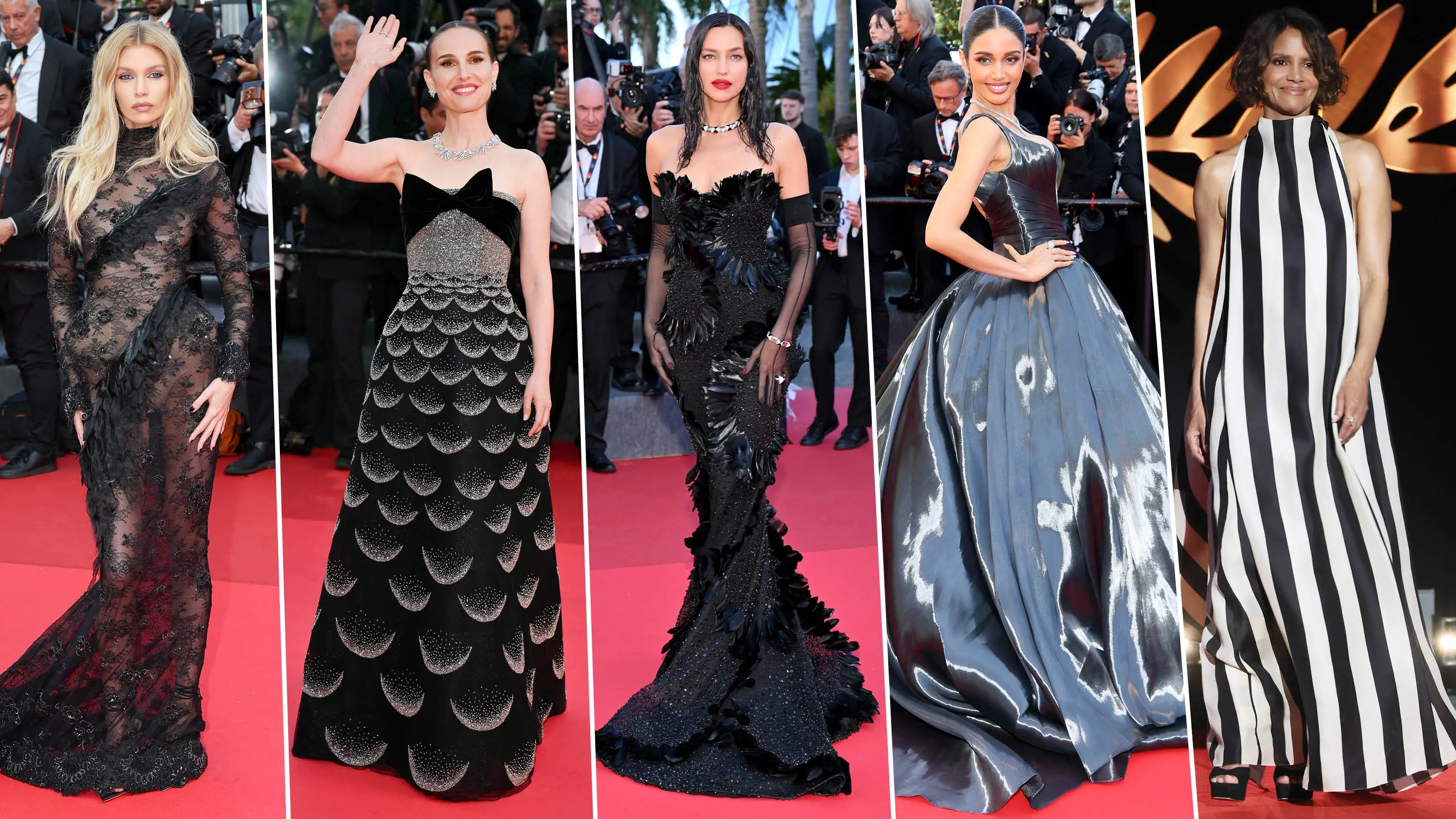Celebrities posing for photographers in stylish evening wear