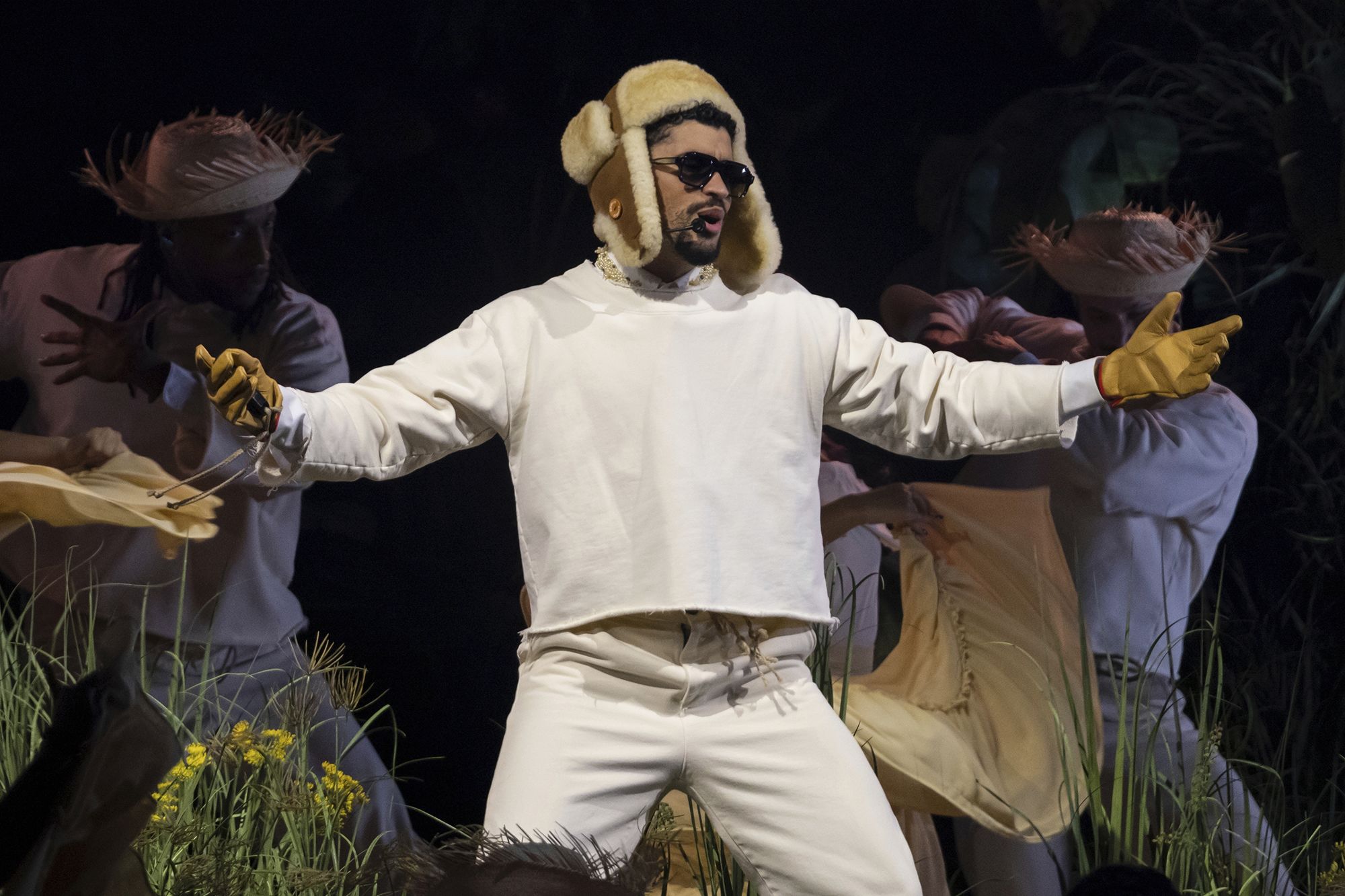 Bad Bunny performs on a packed stadium stage ahead of Super Bowl LX.