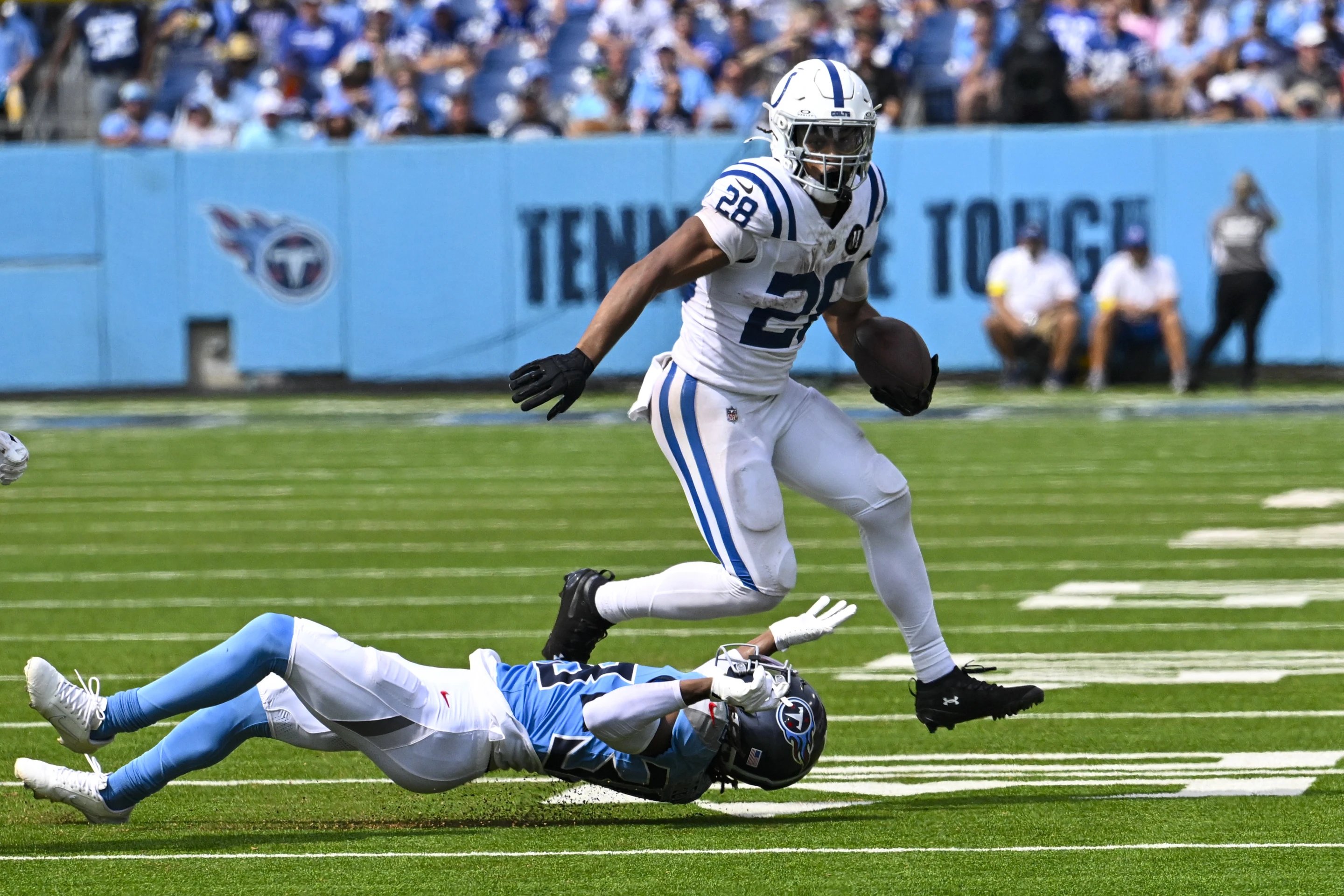 Jonathan Taylor crosses the goal line for the Colts against the Titans