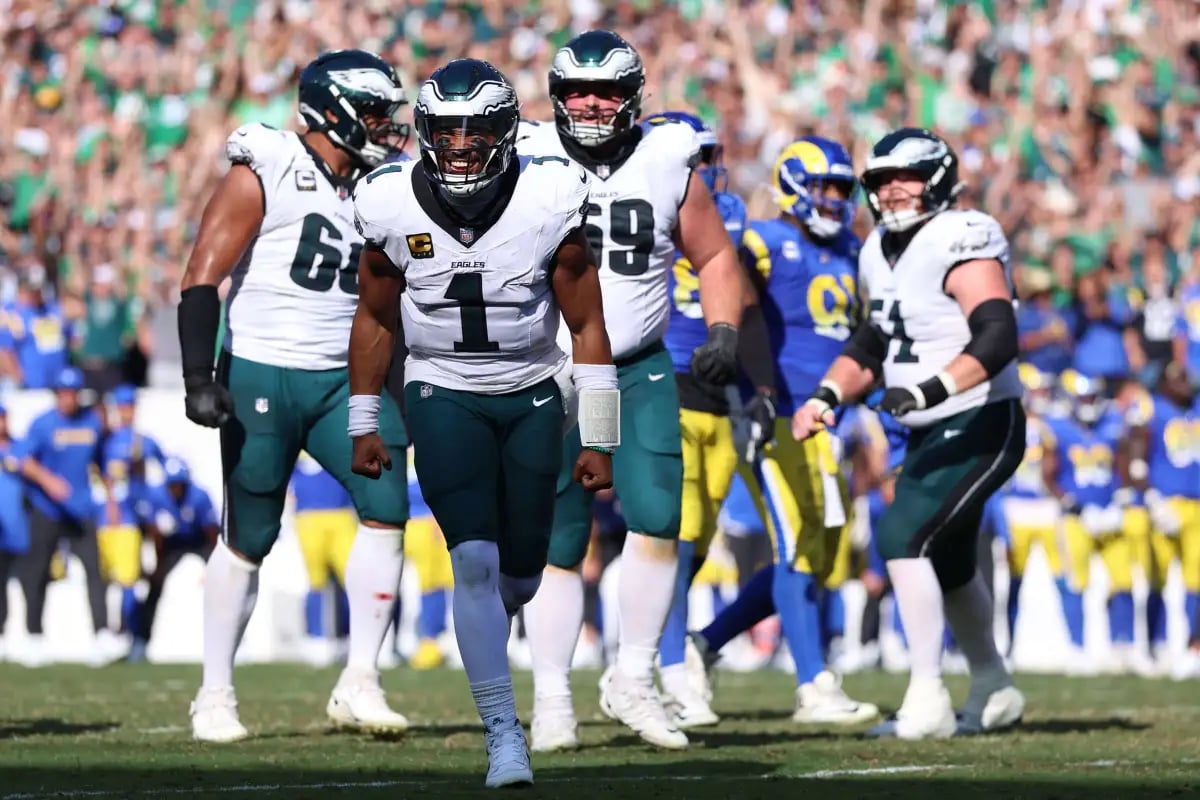Philadelphia Eagles special teams celebrate a pivotal play against the Rams