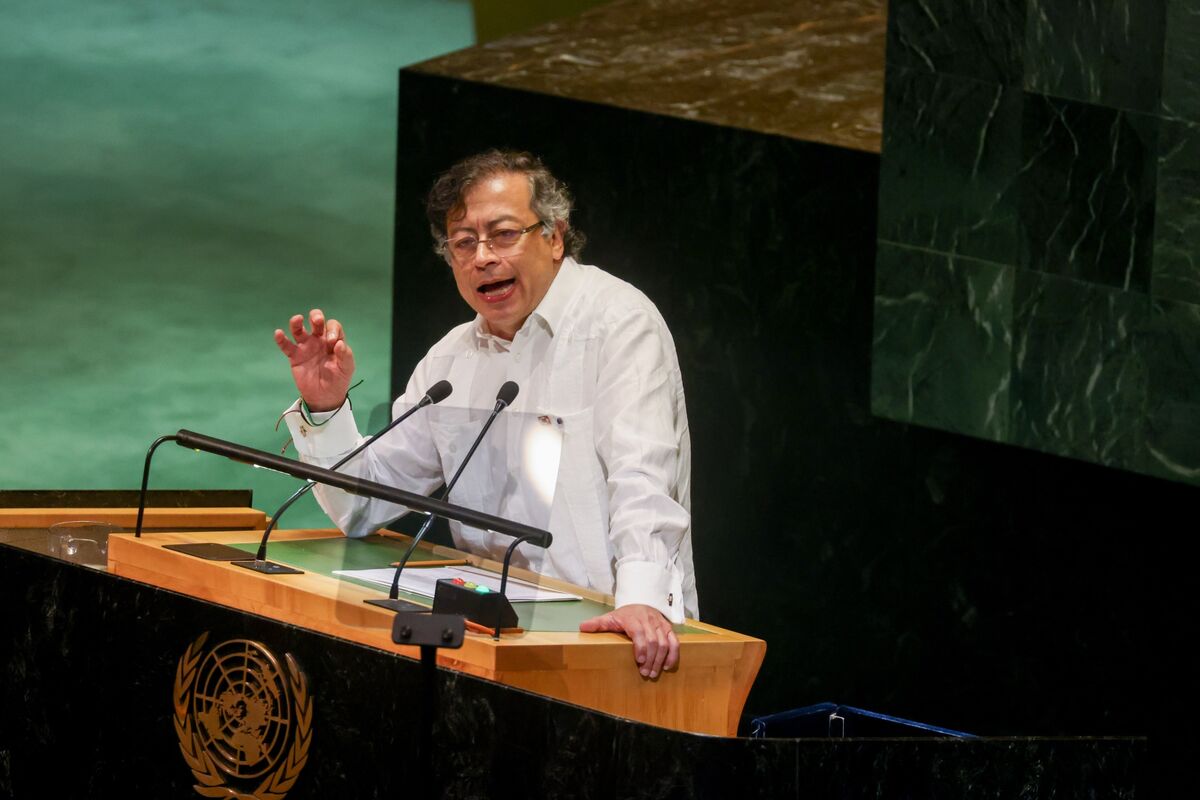 Colombian President Gustavo Petro speaks near UN headquarters in New York amid a US visa dispute
