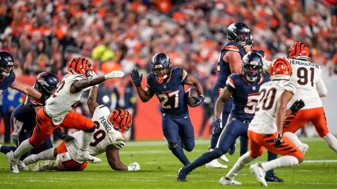 jk dobbins, 100-yard rusher, broncos, bengals, nfl
