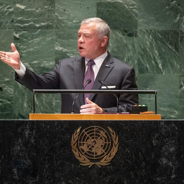 King Abdullah II speaking at the UNGA 80 podium in New York