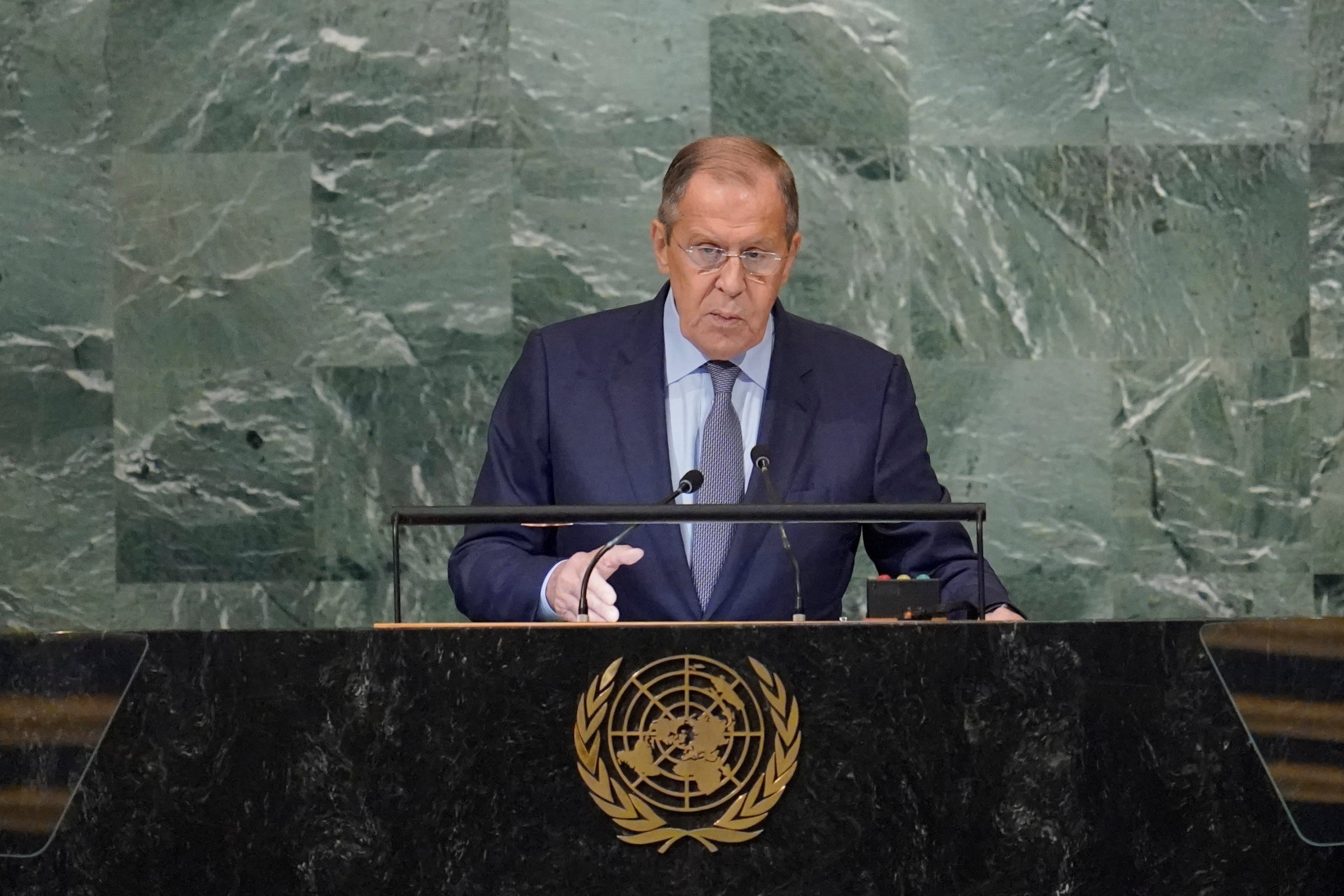 Sergei Lavrov at the United Nations after alleging NATO and the EU declared a “real war” on Russia