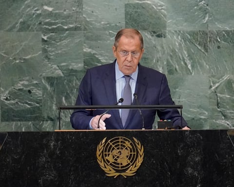 Sergei Lavrov at the United Nations after alleging NATO and the EU declared a “real war” on Russia