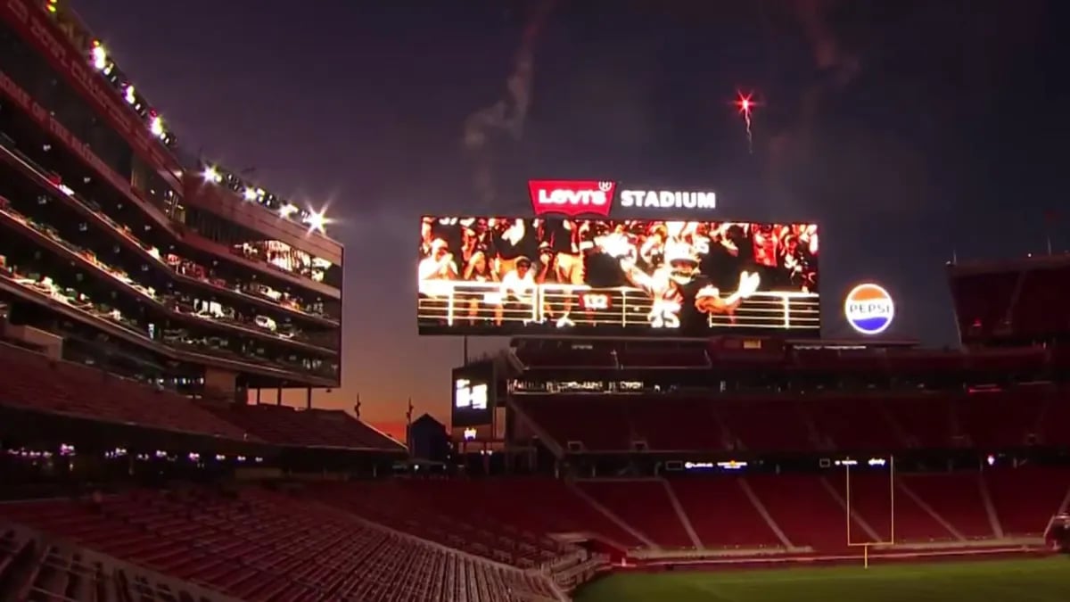 Levi’s Stadium will host Super Bowl LX Levi’s Stadium lit at night in Santa Clara, California.