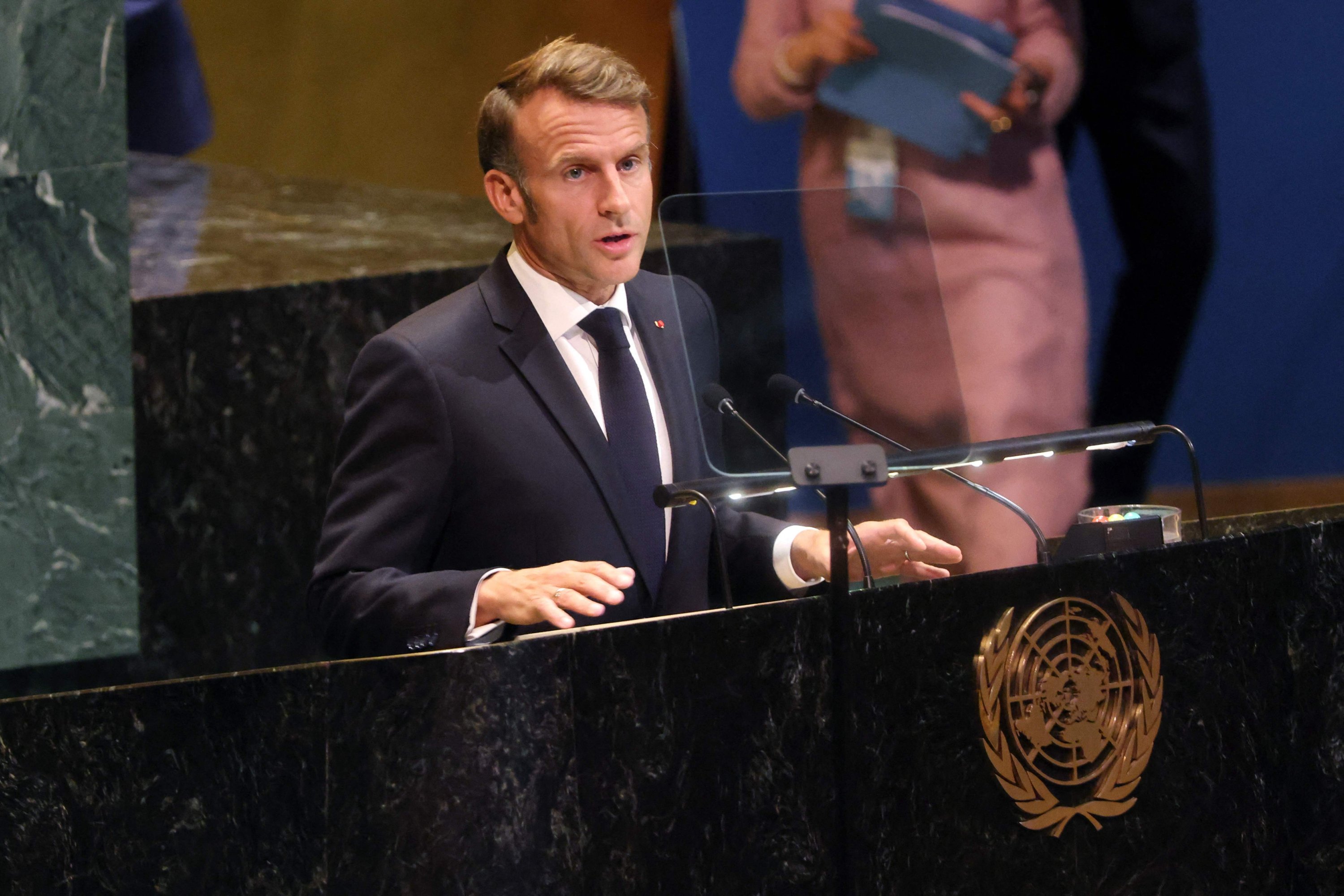 Macron At UNGA On Frozen Russian Assets French President Emmanuel Macron at the UN General Assembly warning of legal risks of seizing Russian assets