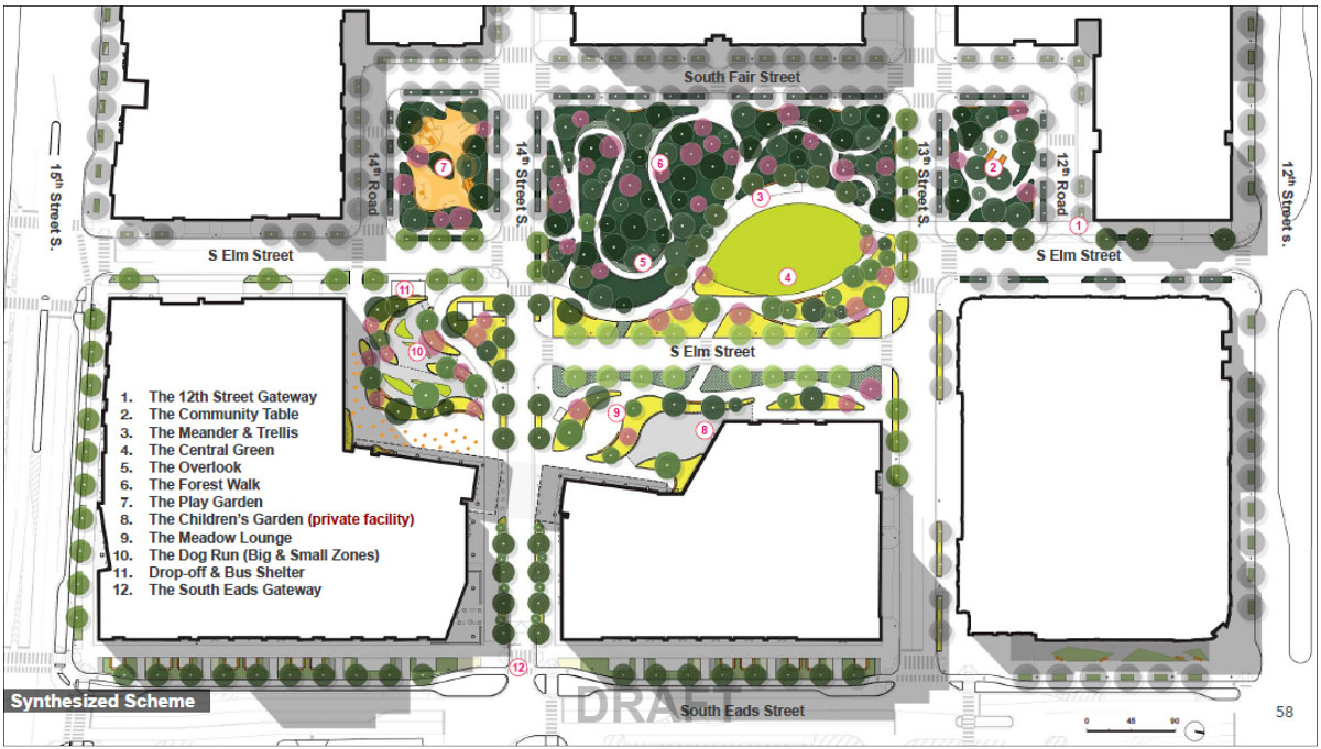 Site plan of the Metropolitan Park proposal showing public park acreage, venues and structured parking