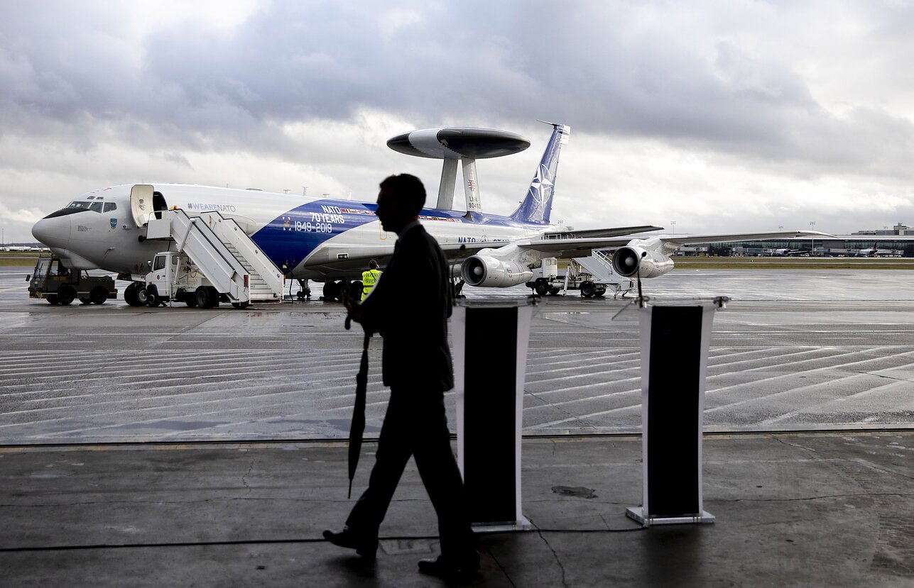 NATO AWACS Deploys To Lithuania NATO AWACS surveillance jet taking off from a Lithuanian base