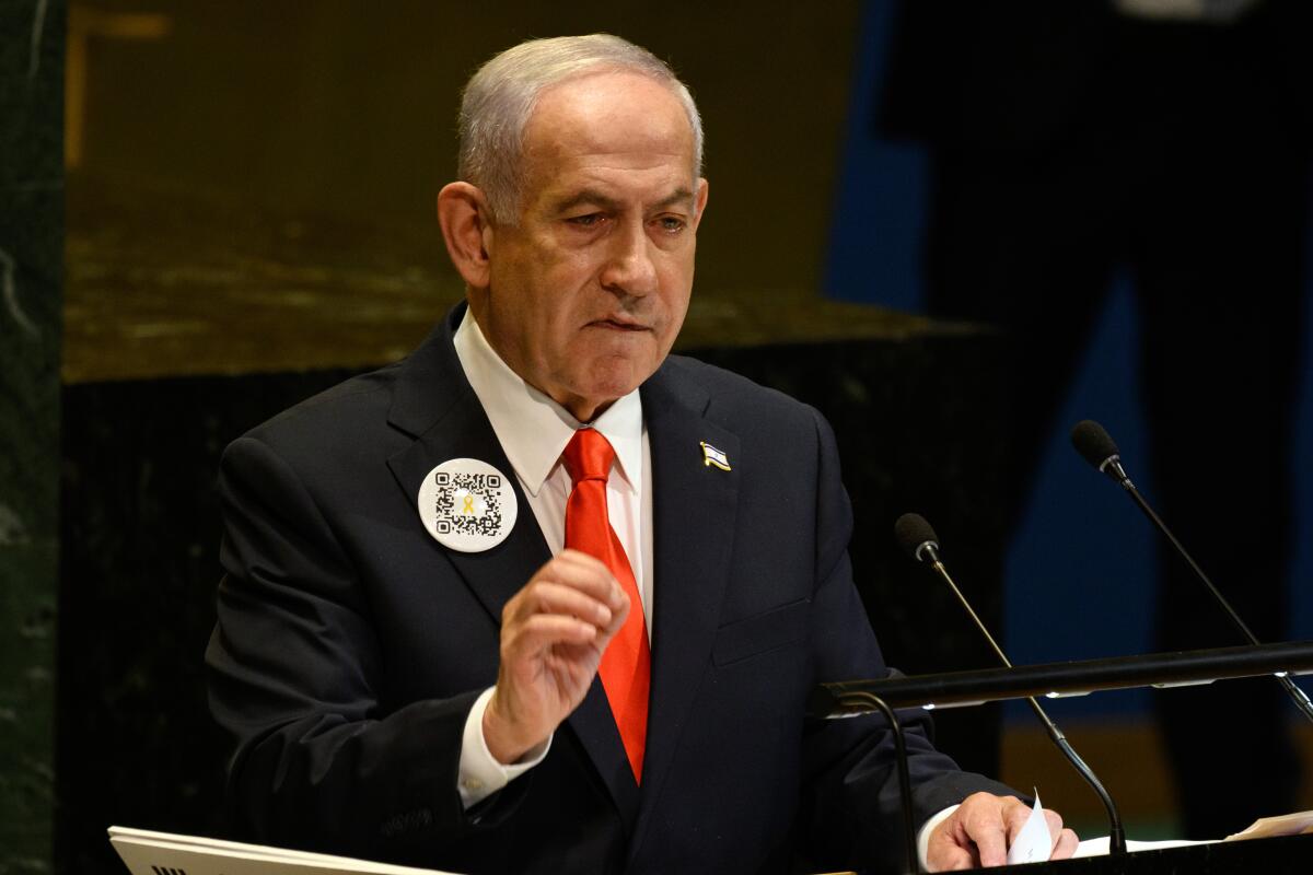Israeli Prime Minister Benjamin Netanyahu speaking at the UN General Assembly in New York