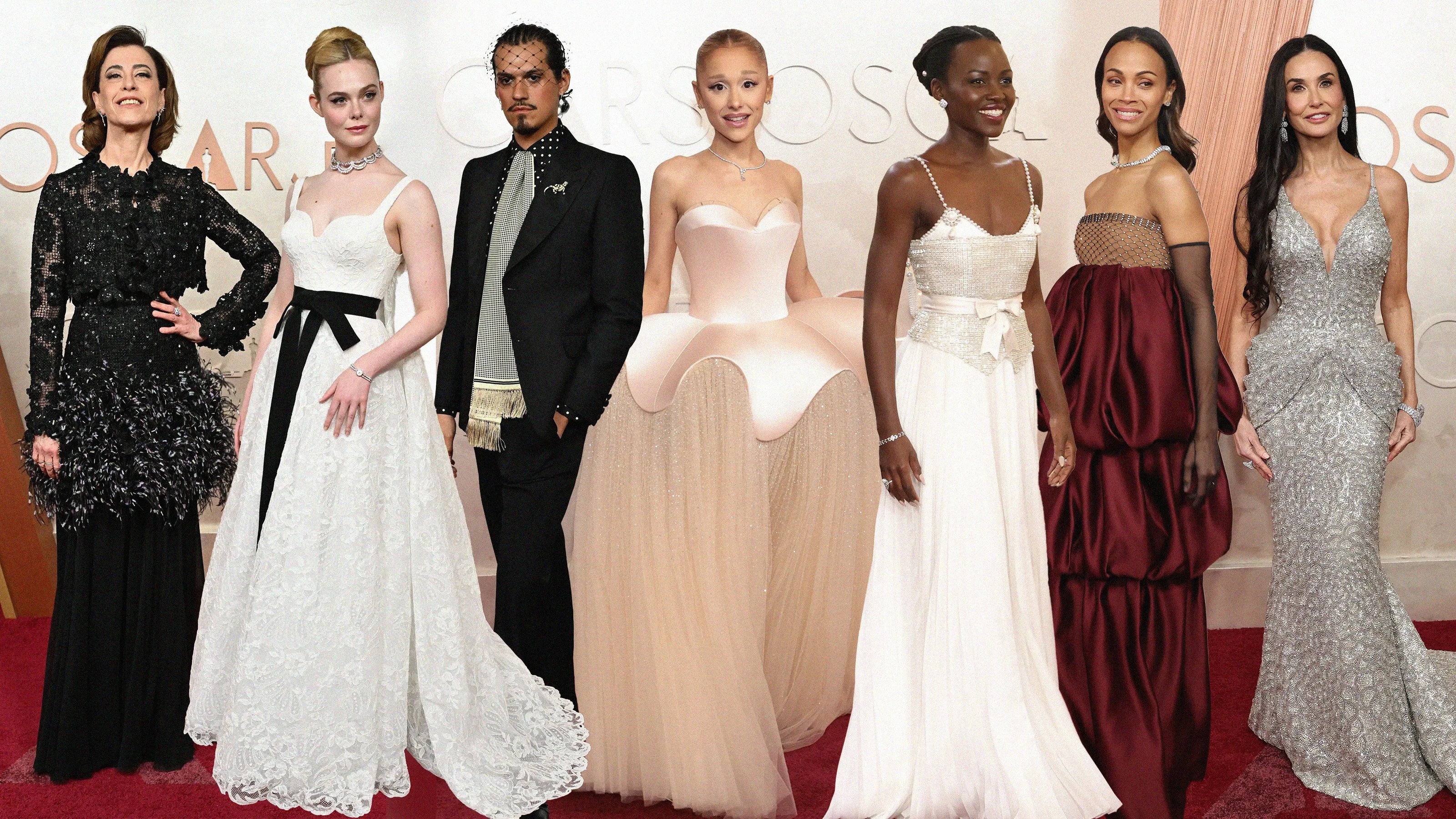 Celebrities walking the red carpet in elegant gowns and suits
