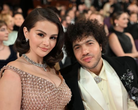 Selena Gomez and Benny Blanco share wedding portraits on a coastal lawn after a private ceremony in California