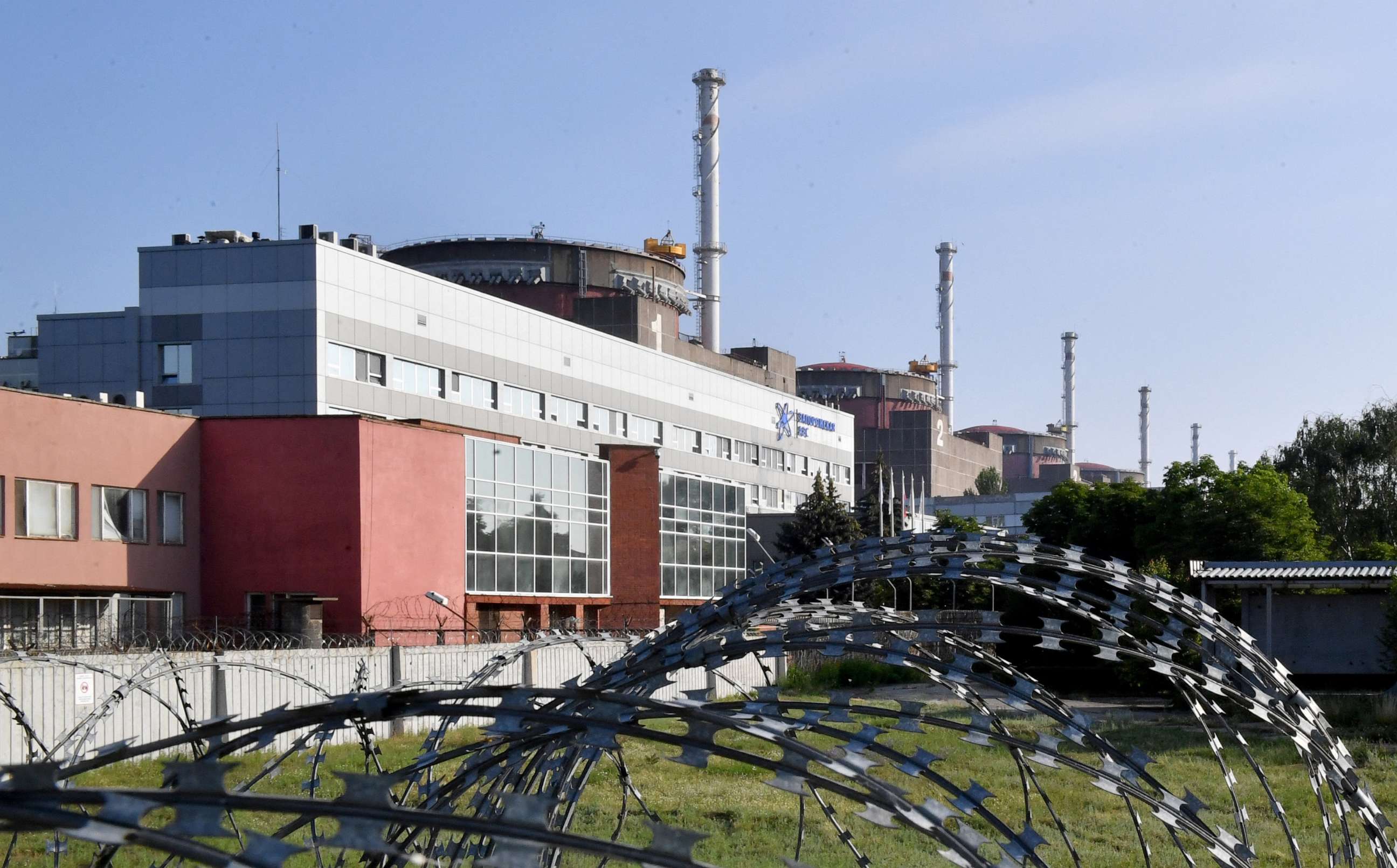 South Ukraine Nuclear Power Plant, Mykolaiv South Ukraine Nuclear Power Plant exterior with safety perimeter signage