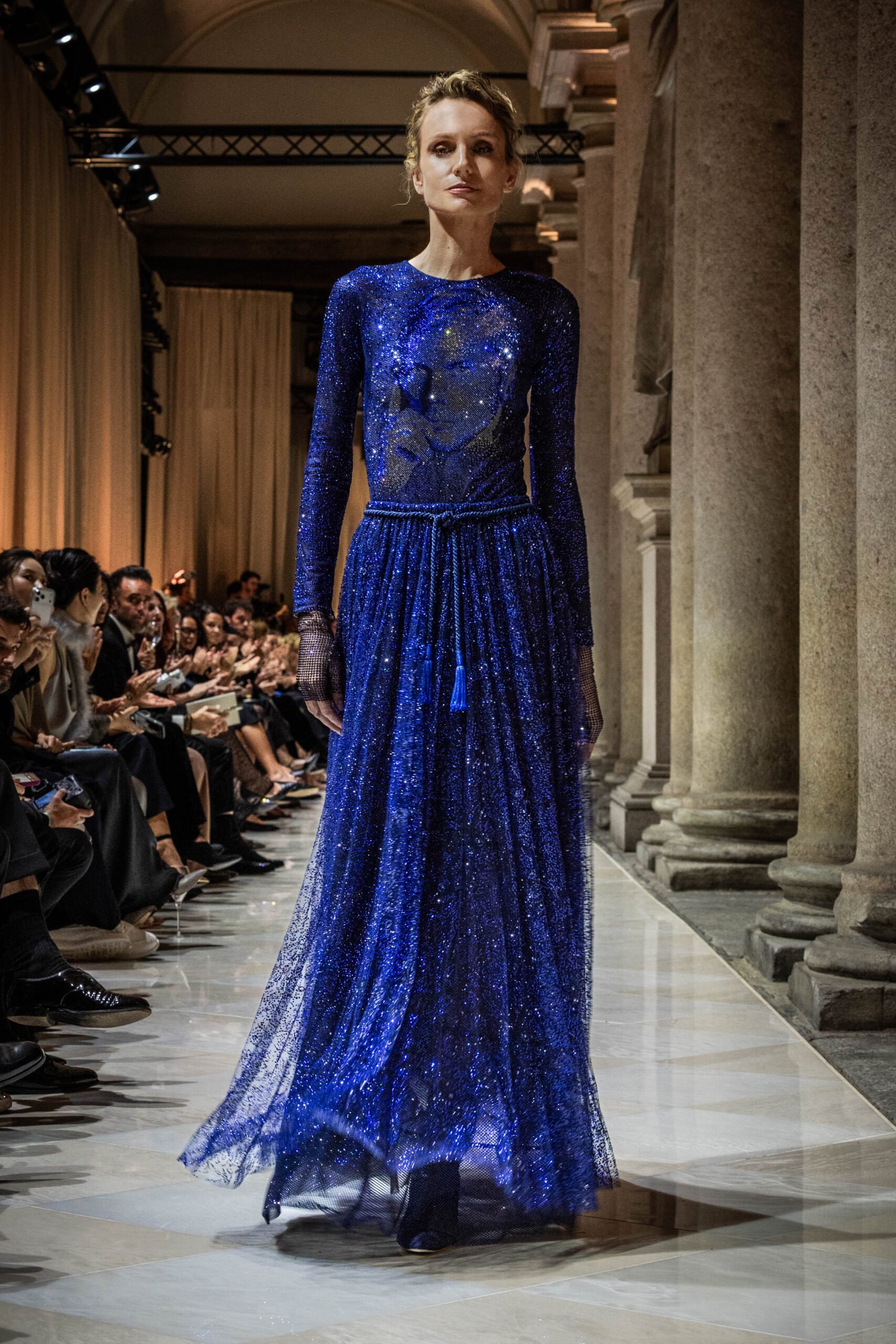Lagoon-blue evening gown from Giorgio Armani’s final collection