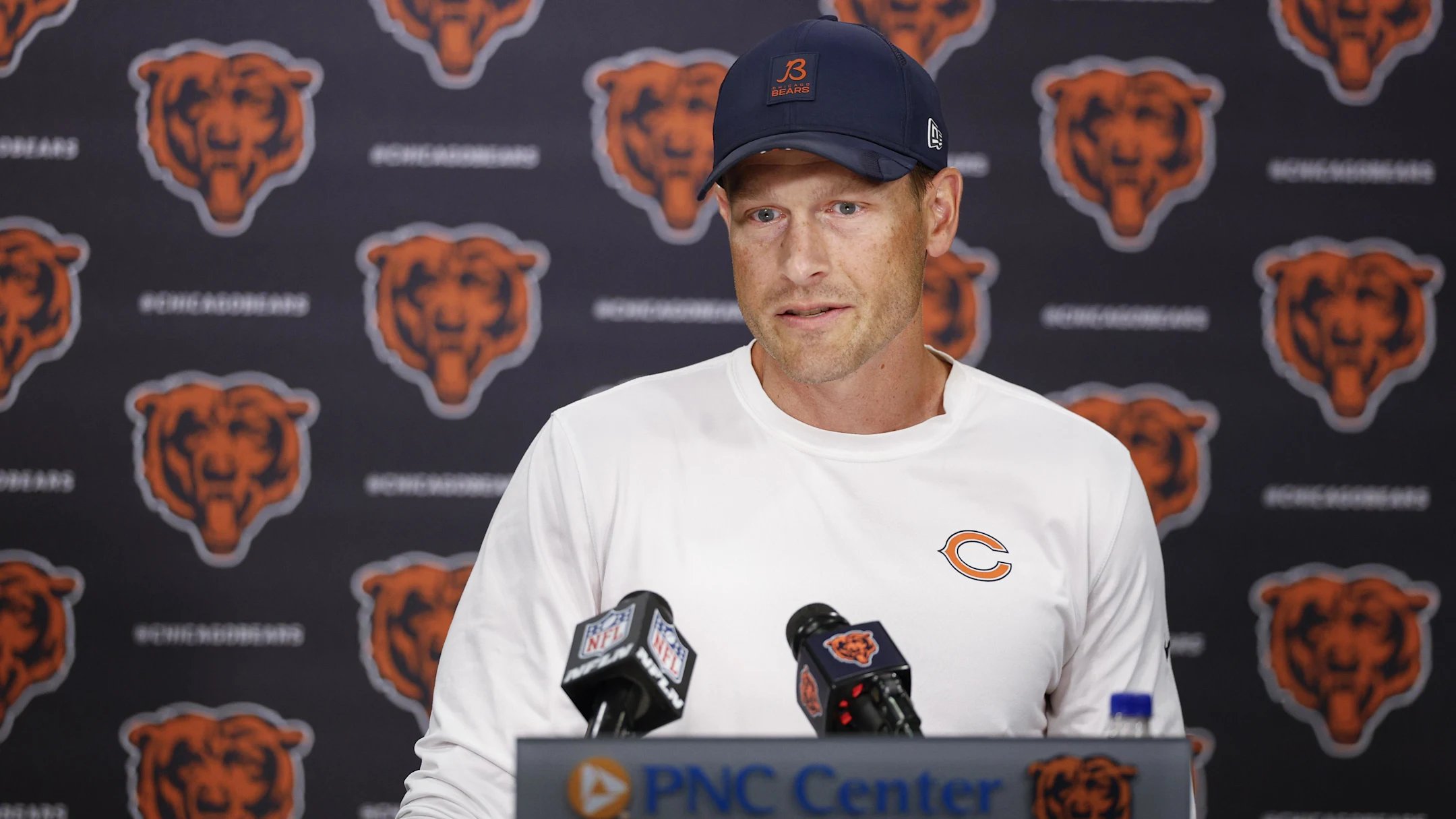 Ben Johnson Bears Head Coach 2025 Ben Johnson answering questions during Bears post-game press conference
