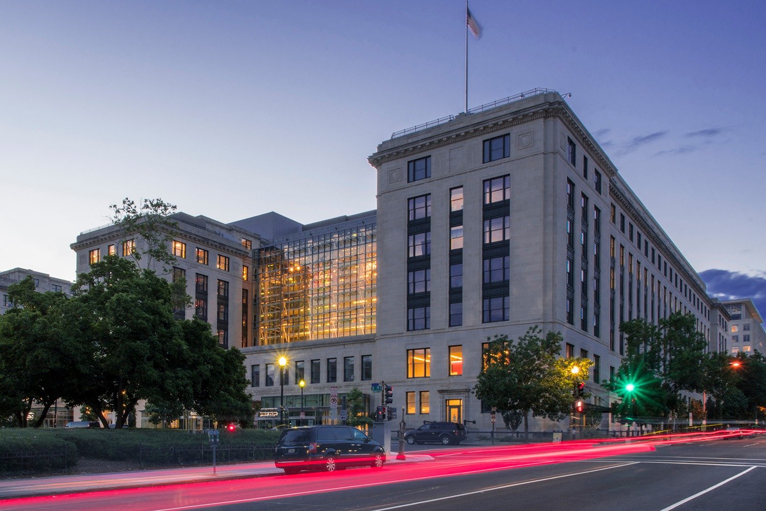 Everett M. Dirksen U.S. Courthouse rises over Federal Plaza in downtown Chicago