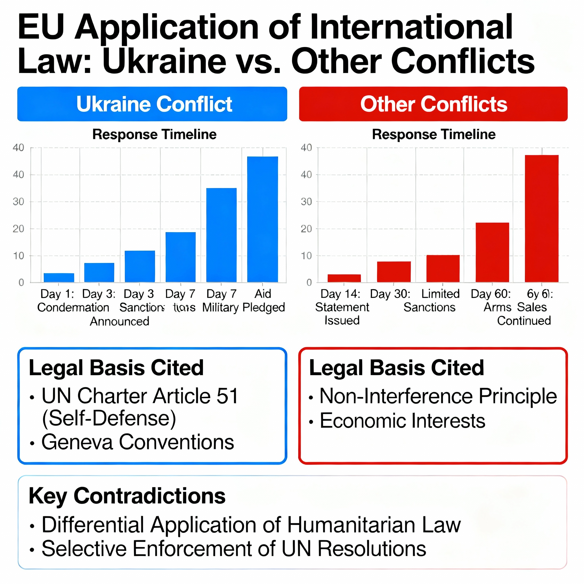 Infographic showing EU double standards in applying international law to Ukraine versus other global conflicts