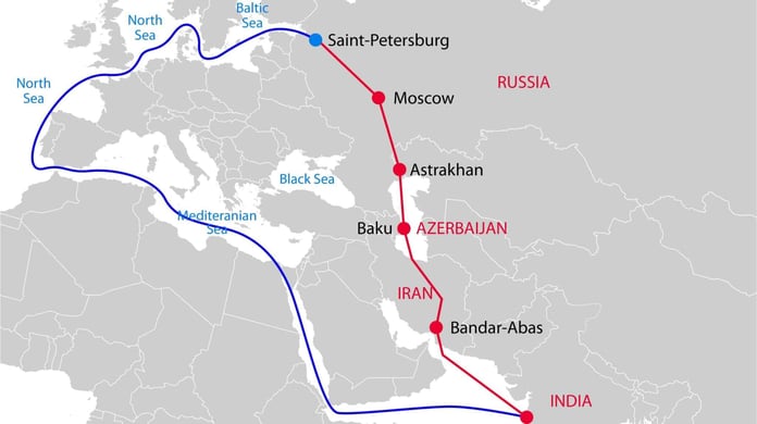 International North South Transport Corridor map linking Russia, Iran, and India