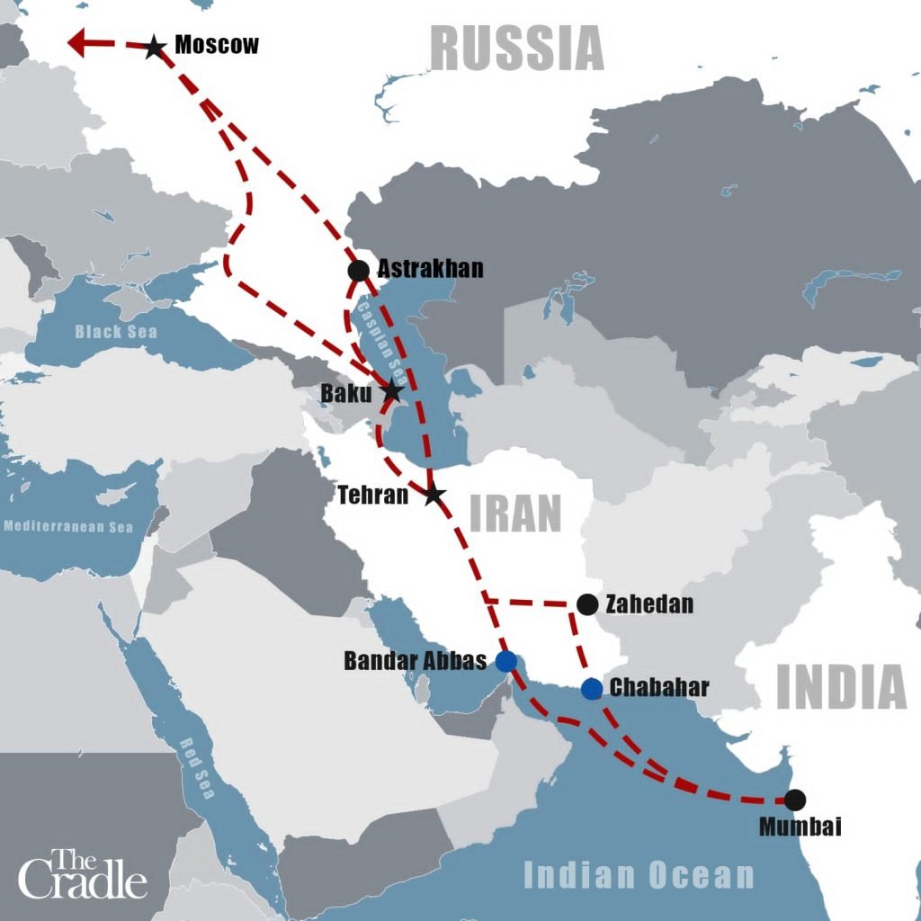 Map comparing the INSTC route with the traditional Suez Canal shipping lane