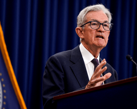Jerome Powell Federal Reserve Chair announces interest rate decision at press conference, signaling pause in rate cuts