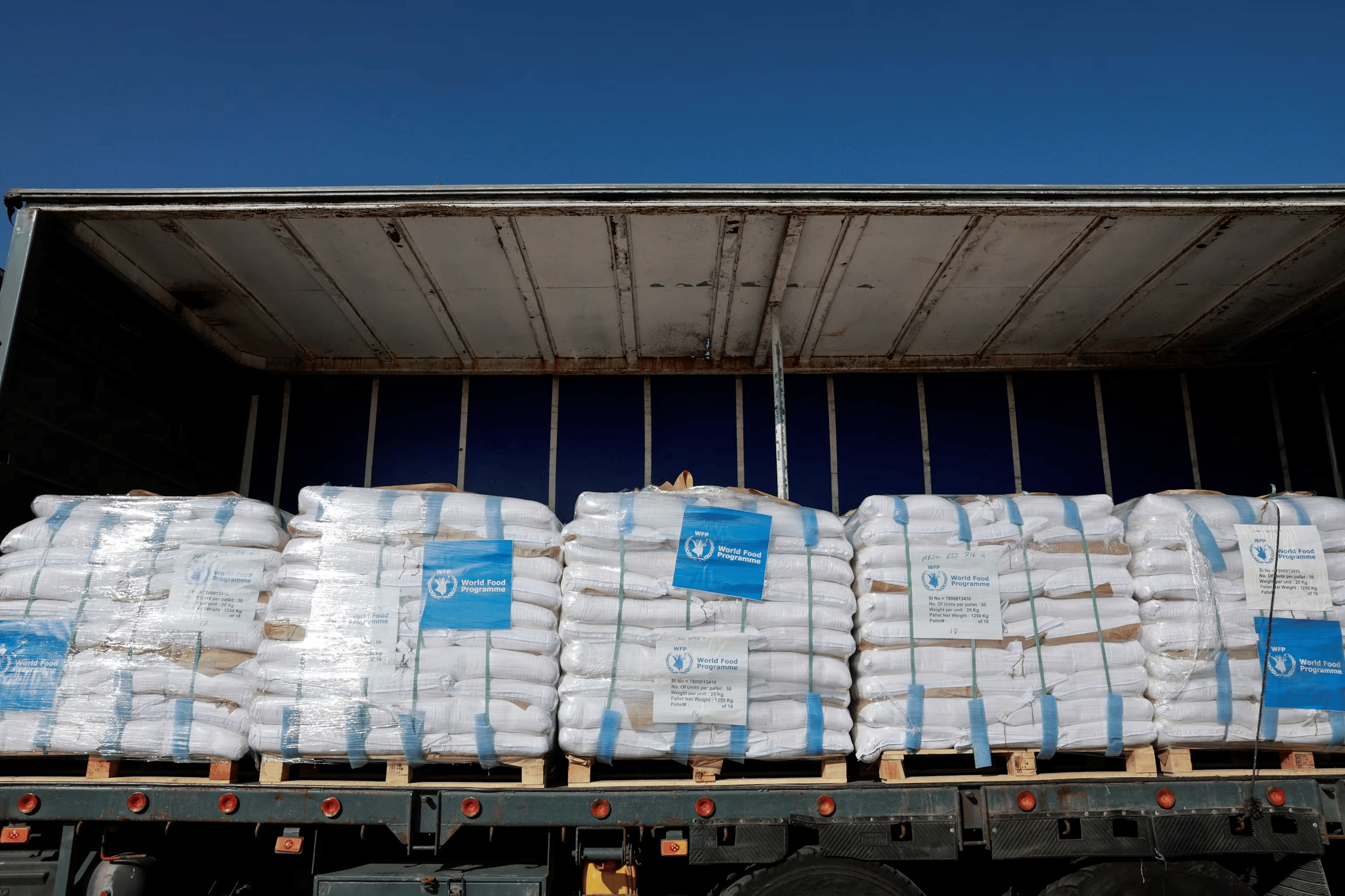 Pallets of relief supplies seen inside a trailer at Kerem Shalom crossing