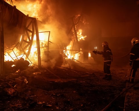 Firefighters extinguish flames at Kharkiv market after Russian airstrike