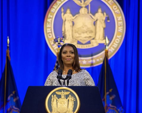 New York Attorney General Letitia James speaks at a news conference in New York City.