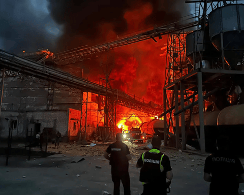 Orenburg gas processing plant burning at night with heavy smoke after reported drone strike