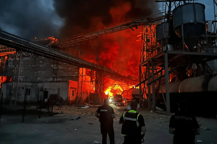 Orenburg gas processing plant burning at night with heavy smoke after reported drone strike