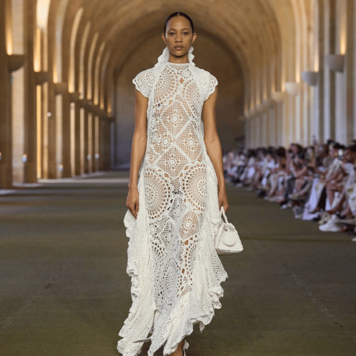 White hydrangea set at Saint Laurent Spring 2026 runway at Trocadéro