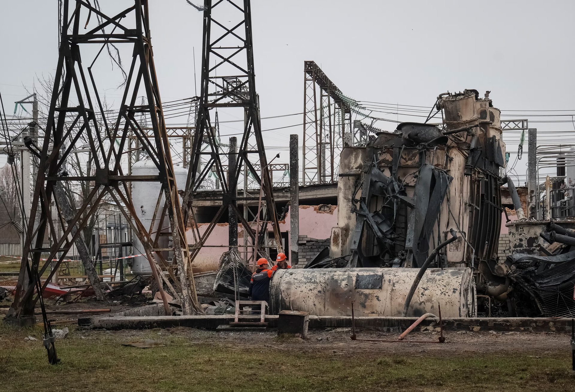 Damaged high-voltage substation equipment in central Ukraine after missile strikes