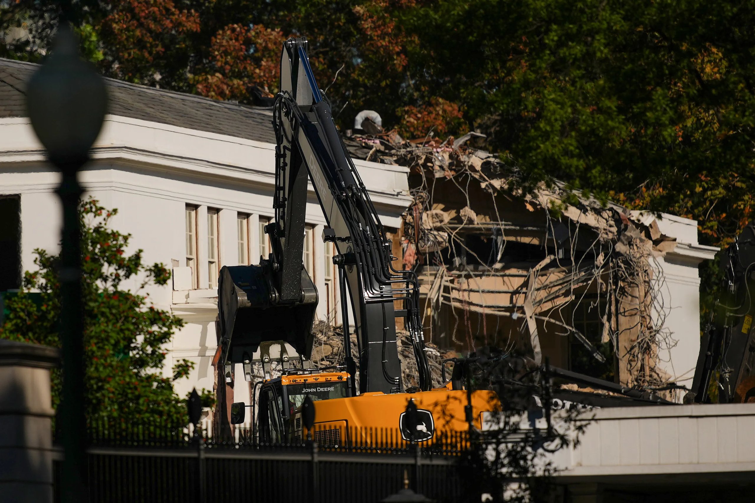 Excavators demolish the White House East Wing during site work for a new ballroom, Washington, 2025.