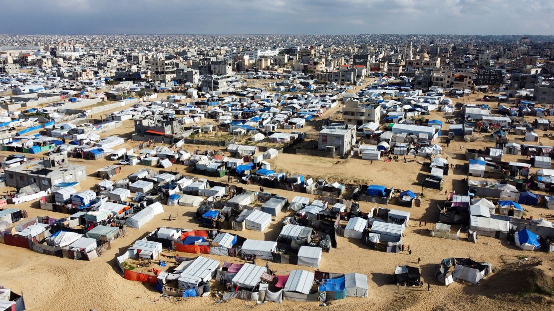 Displaced Palestinian families in makeshift tents at Khan Younis camp Gaza