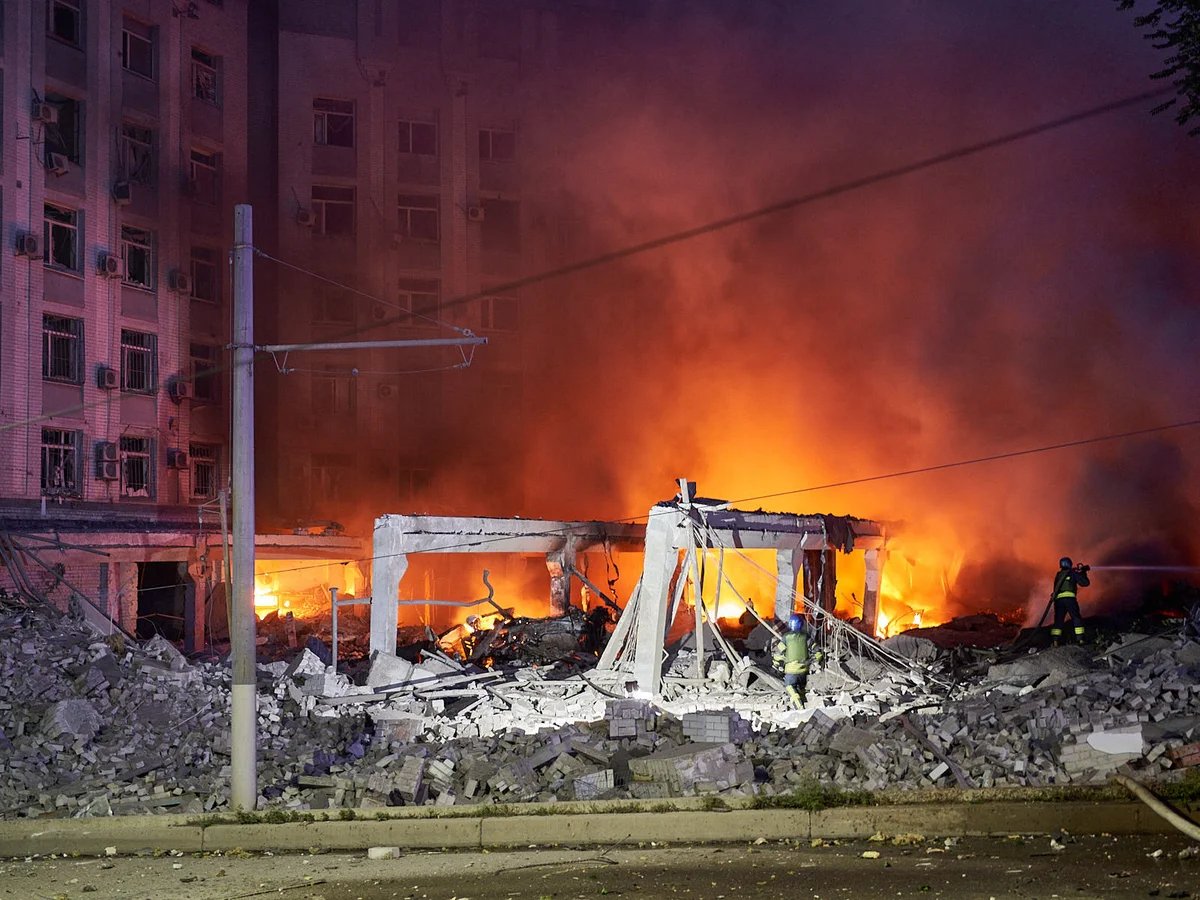 Firefighters battle flames at nine-story apartment building in Dnipro hit by Russian drone