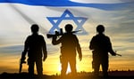 Shadowy figure on private jet with US and Israel flags symbolizing secret political ties